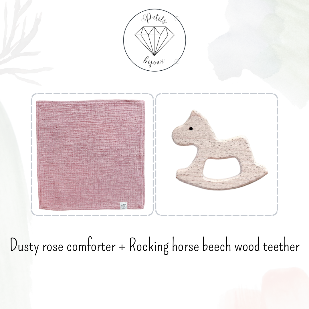 Muslin Comforter with Beech Wood Teether - Dusty Rose