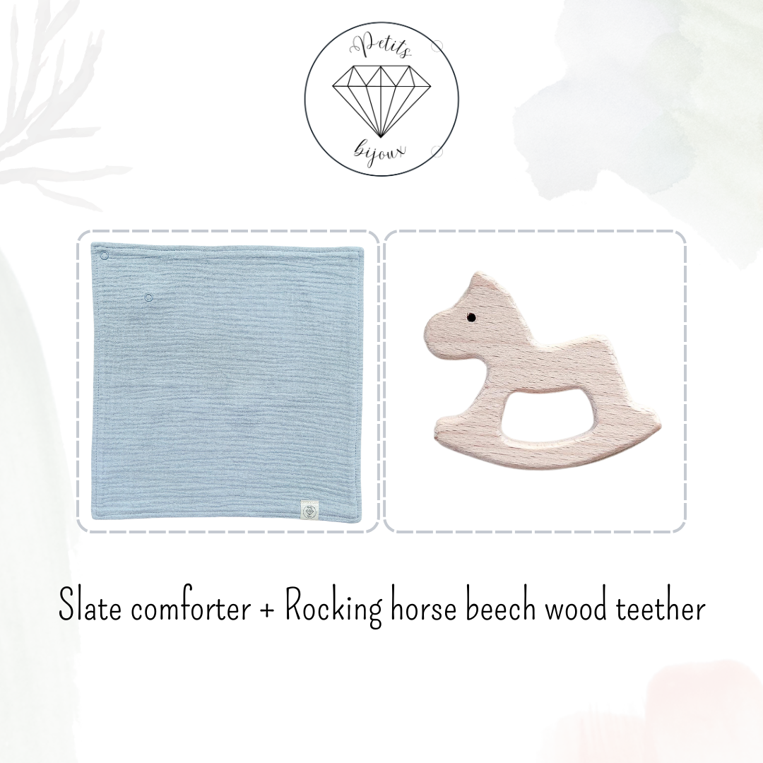 Muslin Comforter with Beech Wood Teether - Slate