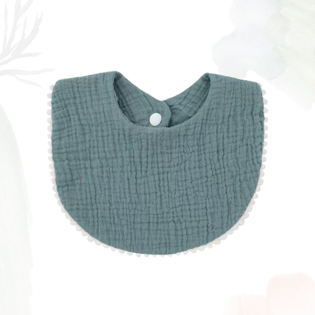 Muslin Cotton Bib (Pom Pom Trims) - Posy Green