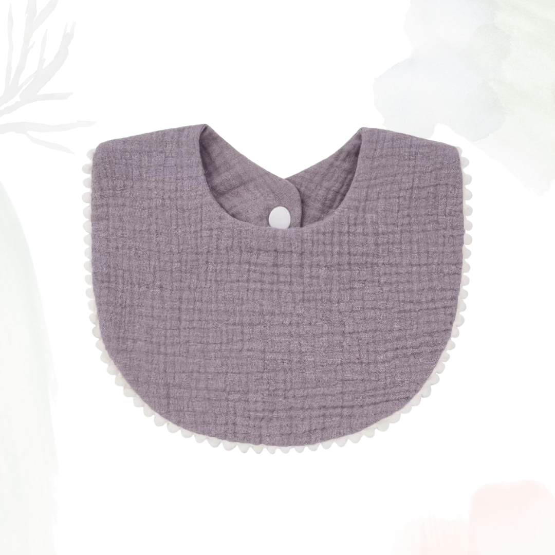 Muslin Cotton Bib (Pom Pom Trims) - Gentle Grape