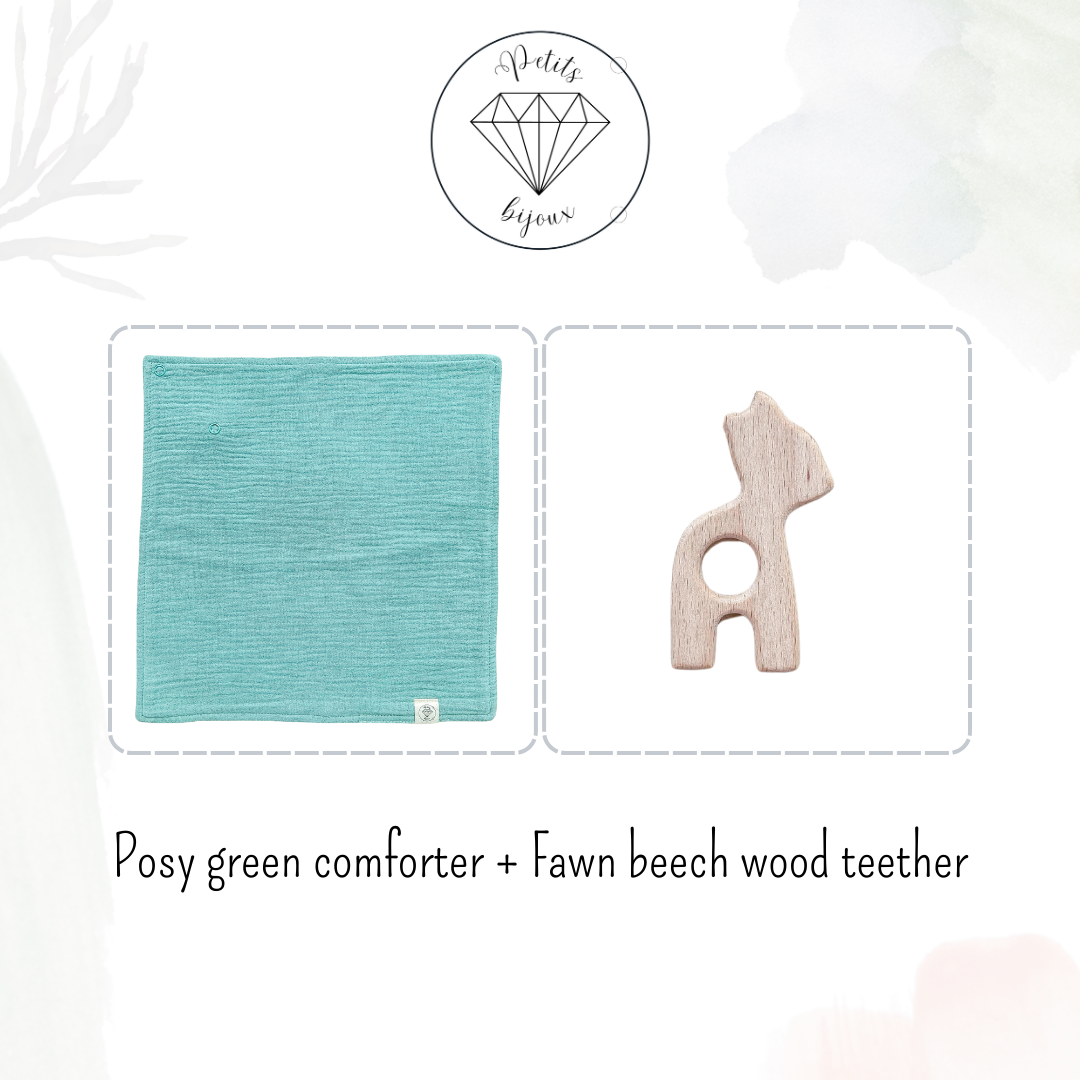 Muslin Comforter with Beech Wood Teether - Posy Green