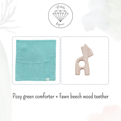Muslin Comforter with Beech Wood Teether - Posy Green