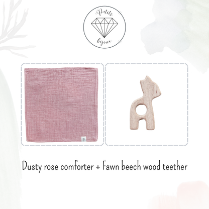 Muslin Comforter with Beech Wood Teether - Dusty Rose