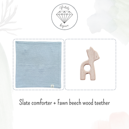Muslin Comforter with Beech Wood Teether - Slate