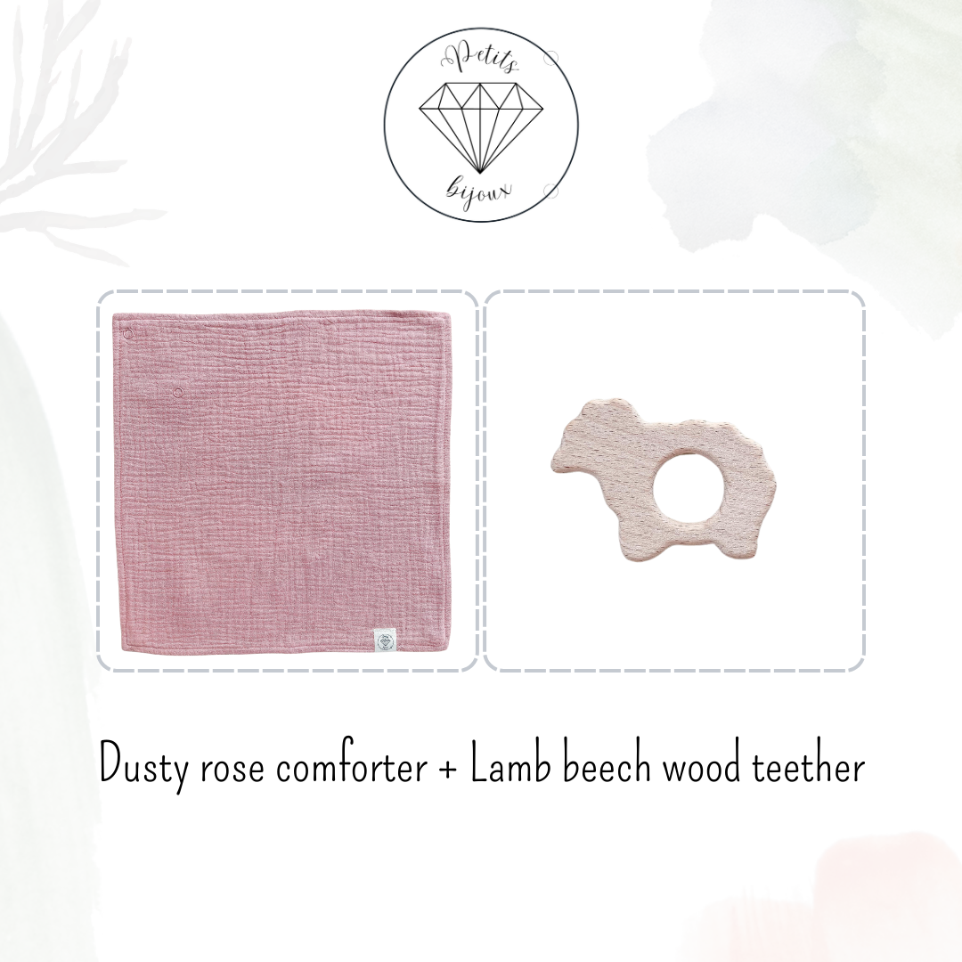 Muslin Comforter with Beech Wood Teether - Dusty Rose