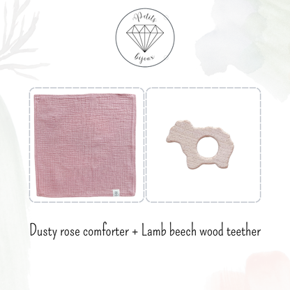Muslin Comforter with Beech Wood Teether - Dusty Rose