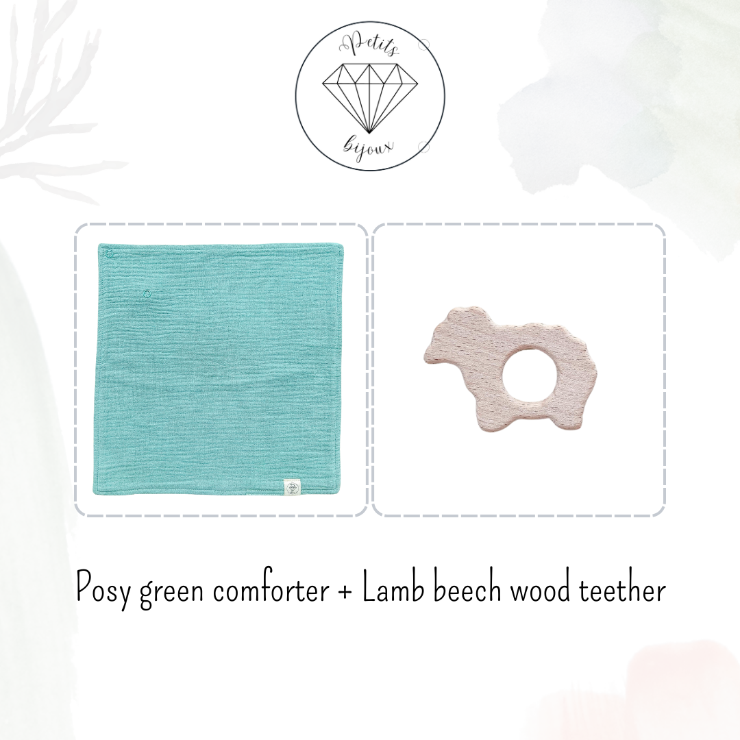 Muslin Comforter with Beech Wood Teether - Posy Green