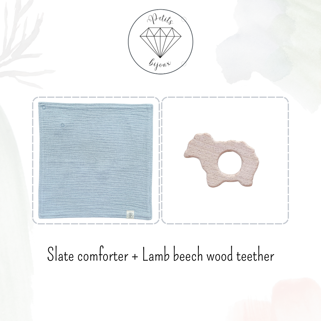 Muslin Comforter with Beech Wood Teether - Slate