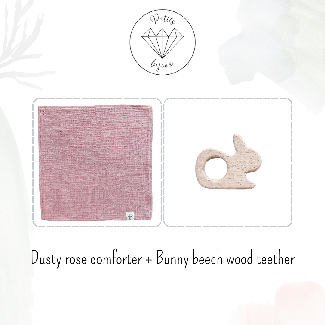 Muslin Comforter with Beech Wood Teether - Dusty Rose