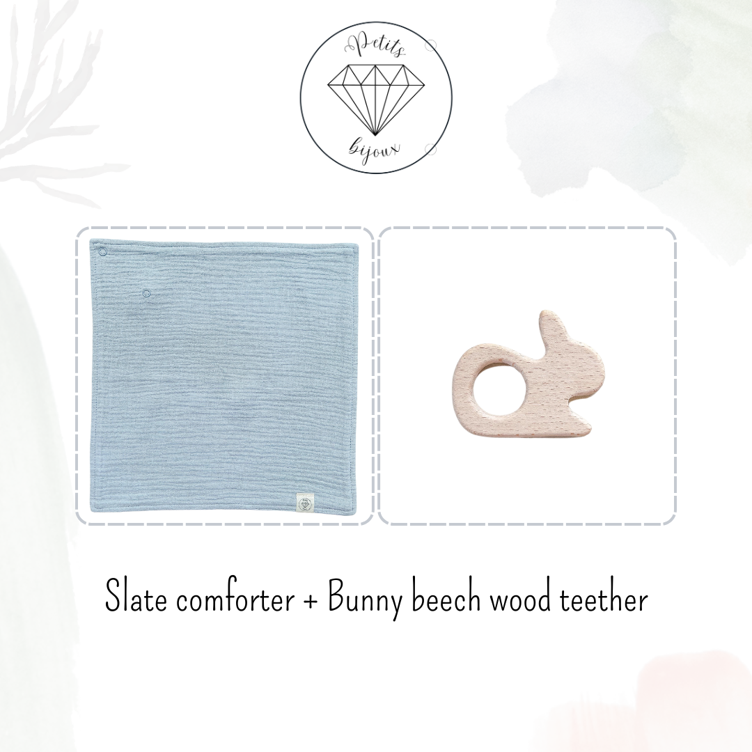 Muslin Comforter with Beech Wood Teether - Slate