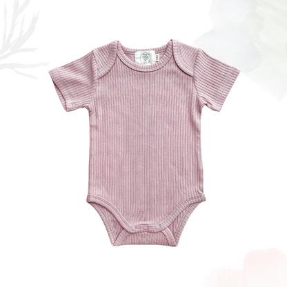 Organic Cotton Short Sleeved Ribbed Onesie - Dusty Rose