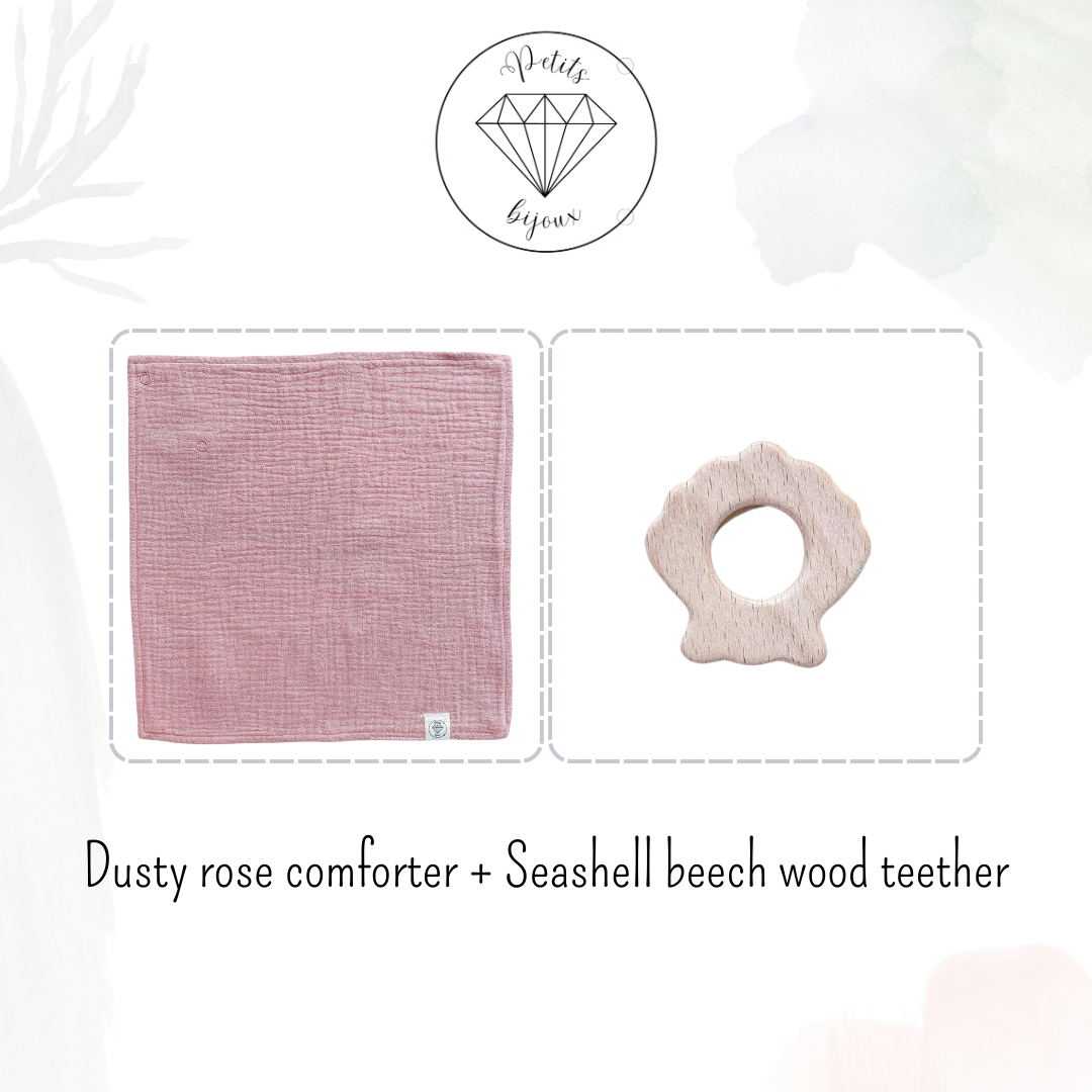 Muslin Comforter with Beech Wood Teether - Dusty Rose