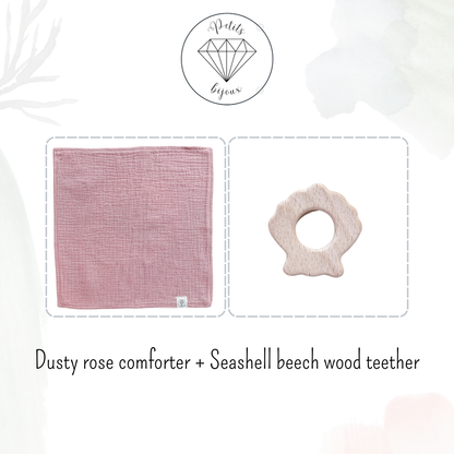 Muslin Comforter with Beech Wood Teether - Dusty Rose