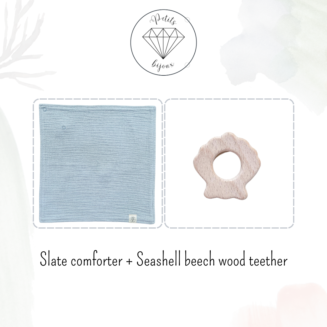 Muslin Comforter with Beech Wood Teether - Slate