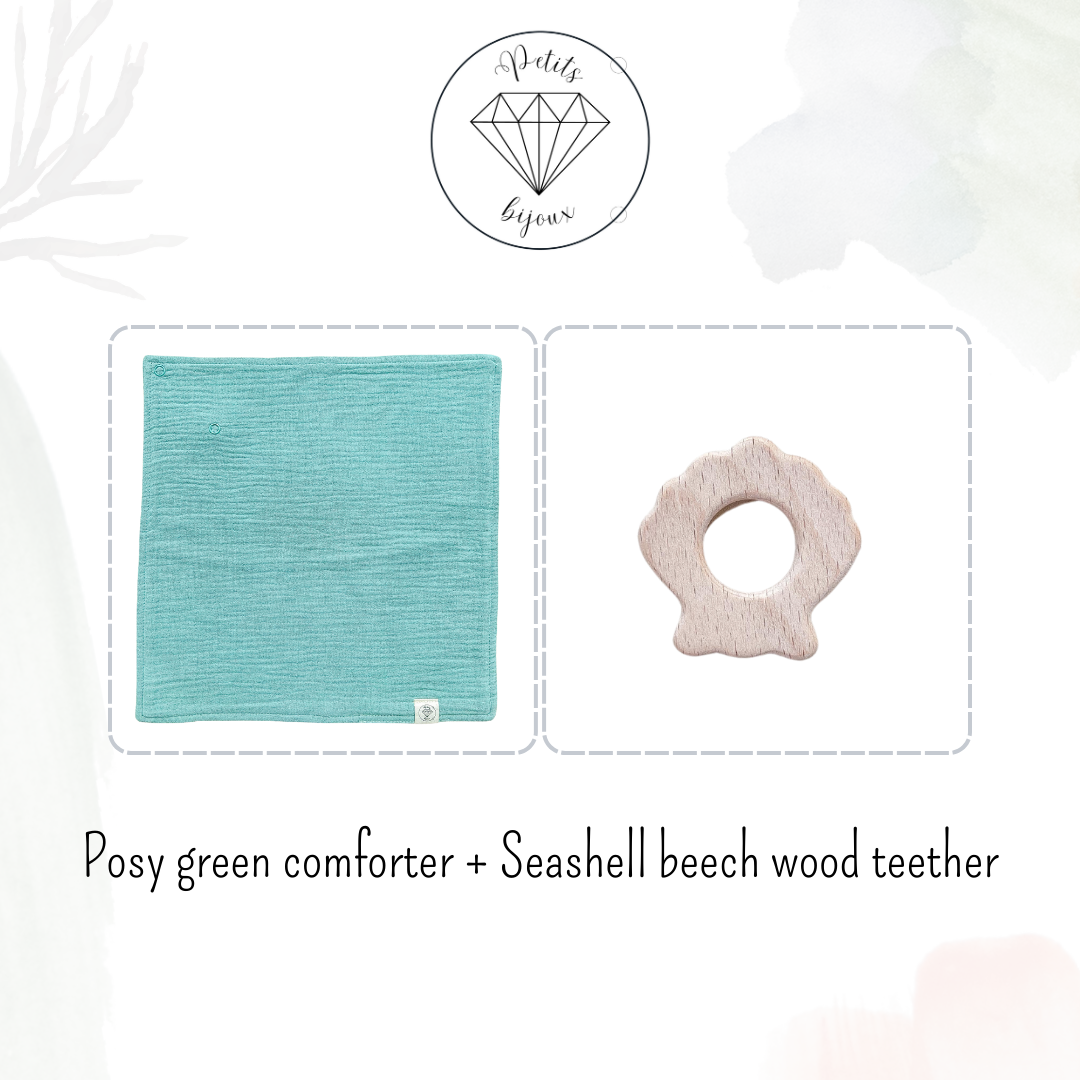 Muslin Comforter with Beech Wood Teether - Posy Green