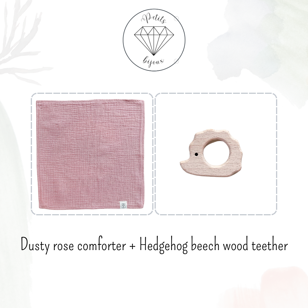 Muslin Comforter with Beech Wood Teether - Dusty Rose