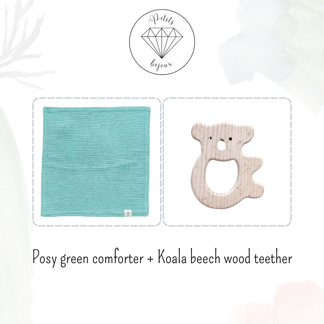Muslin Comforter with Beech Wood Teether - Posy Green