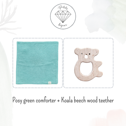 Muslin Comforter with Beech Wood Teether - Posy Green