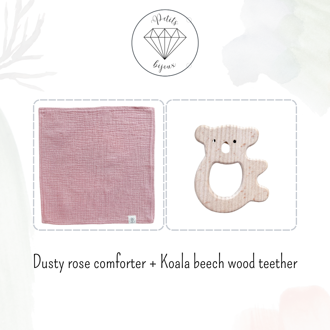 Muslin Comforter with Beech Wood Teether - Dusty Rose