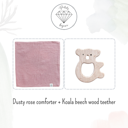 Muslin Comforter with Beech Wood Teether - Dusty Rose