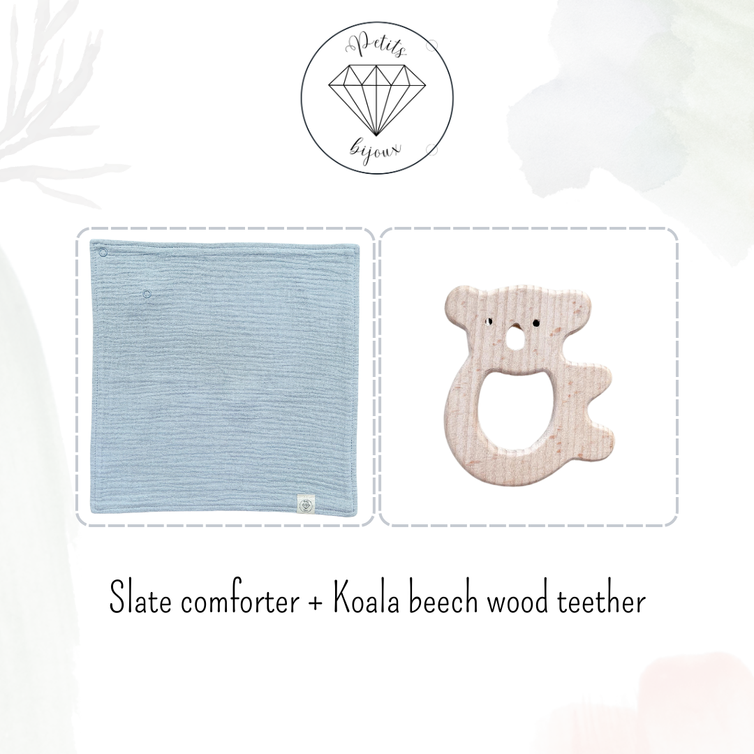 Muslin Comforter with Beech Wood Teether - Slate
