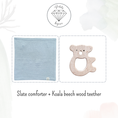 Muslin Comforter with Beech Wood Teether - Slate