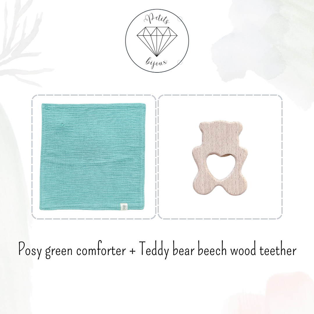 Muslin Comforter with Beech Wood Teether - Posy Green