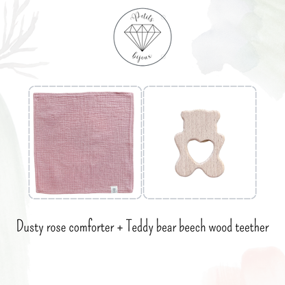 Muslin Comforter with Beech Wood Teether - Dusty Rose