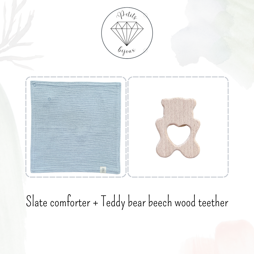 Muslin Comforter with Beech Wood Teether - Slate
