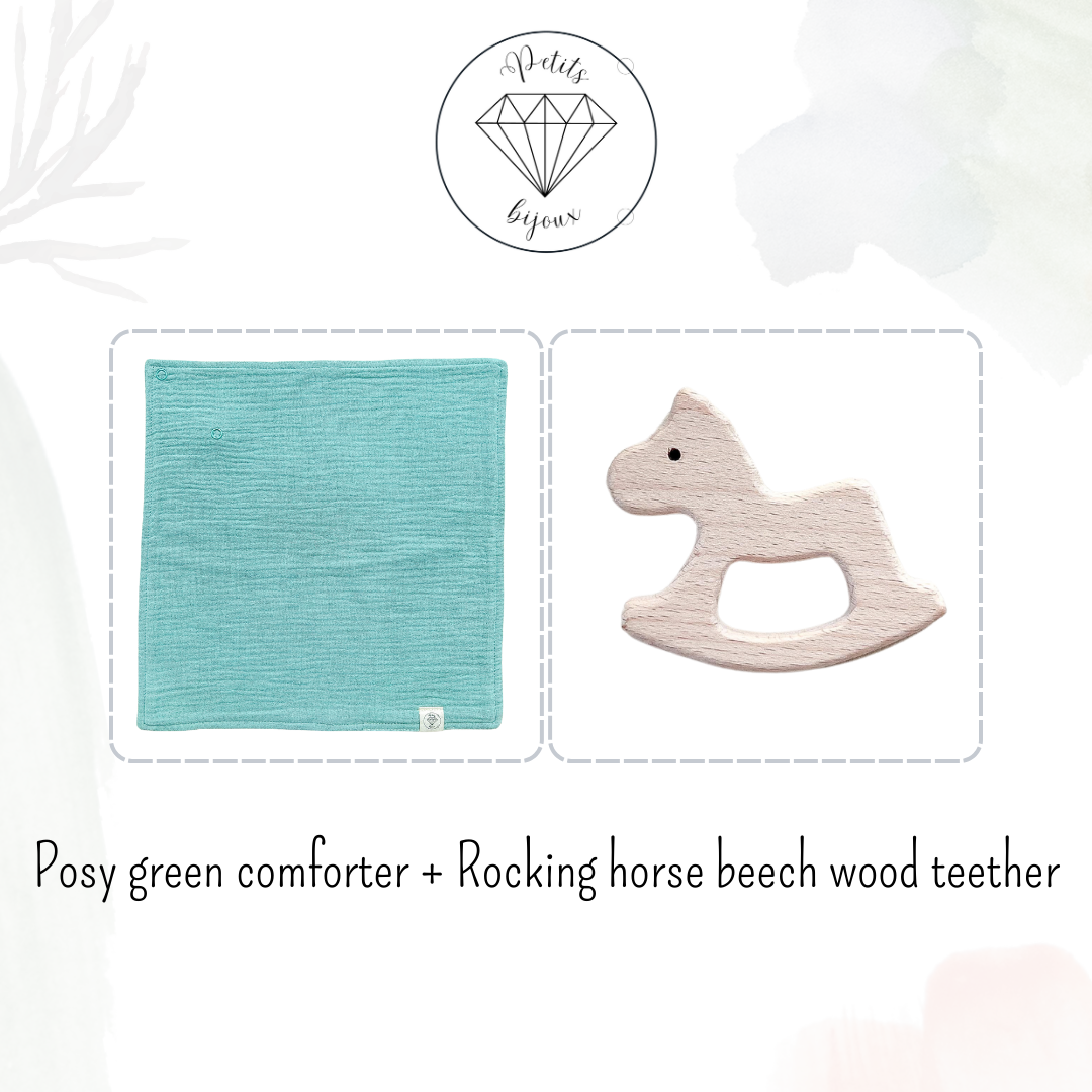 Muslin Comforter with Beech Wood Teether - Posy Green