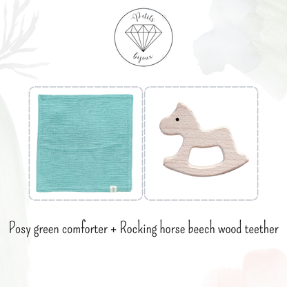Muslin Comforter with Beech Wood Teether - Posy Green