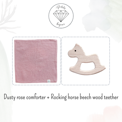Muslin Comforter with Beech Wood Teether - Dusty Rose