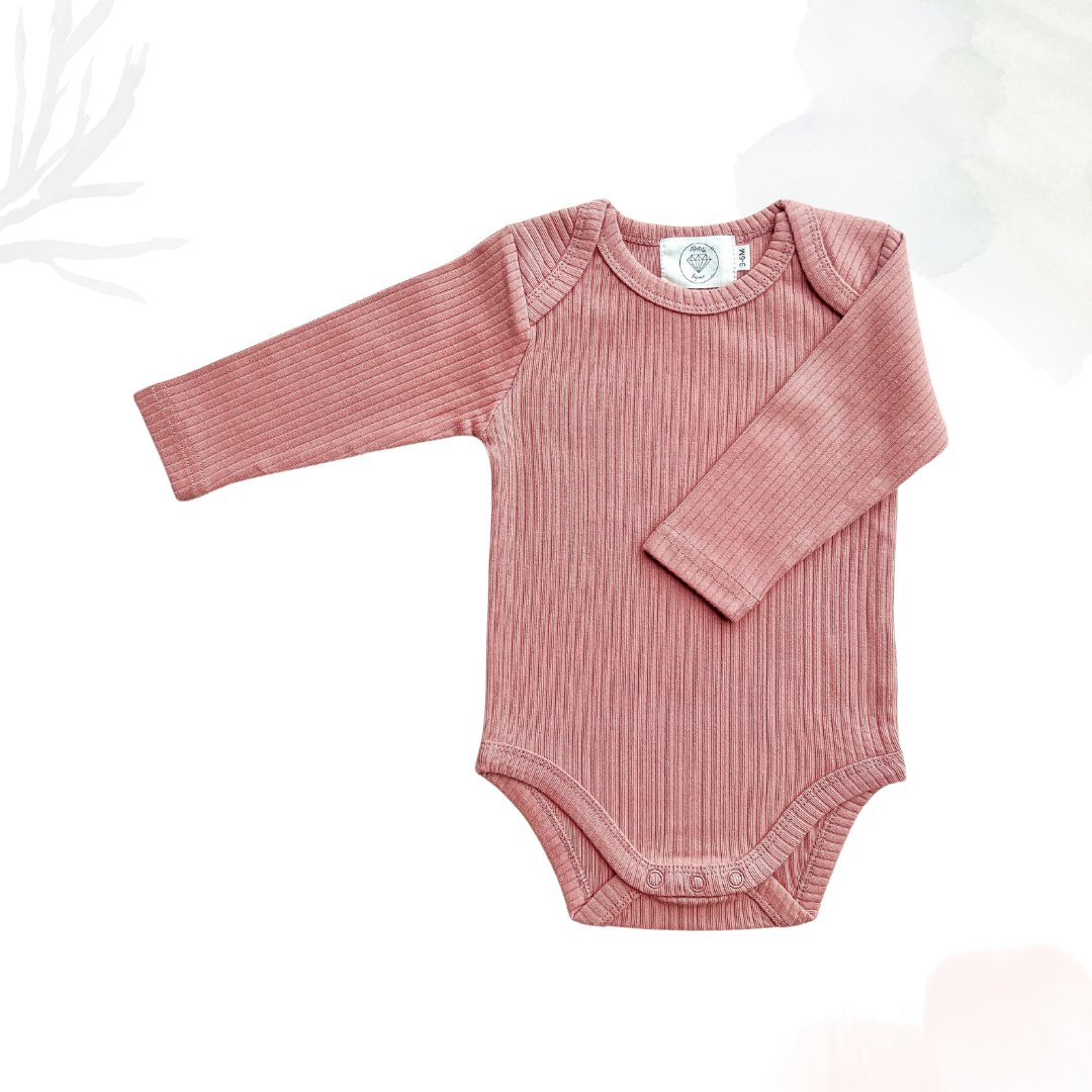 Organic Cotton Long Sleeved Ribbed Onesie - Brick