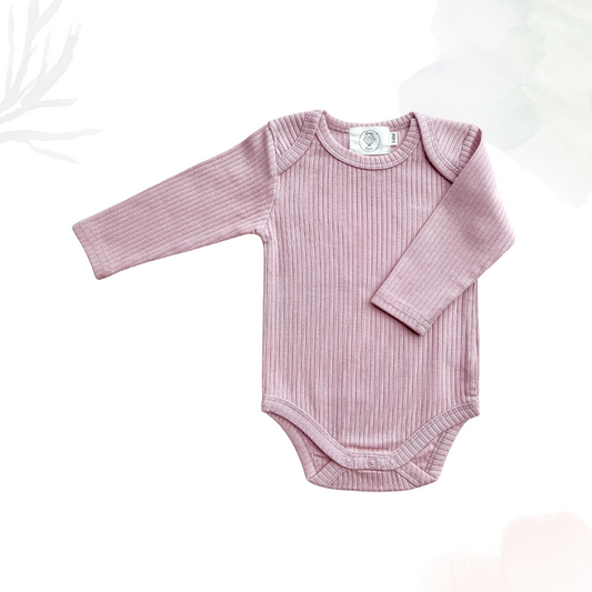 Organic Cotton Long Sleeved Ribbed Onesie - Dusty Rose