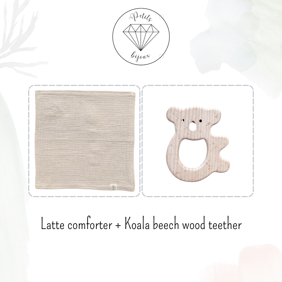 Muslin Comforter with Beech Wood Teether - Latte