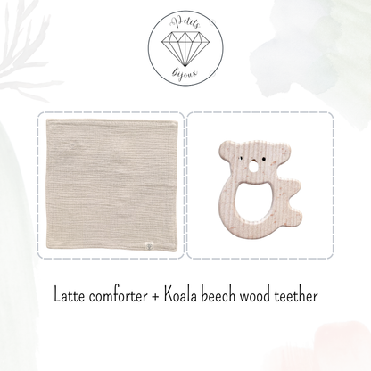 Muslin Comforter with Beech Wood Teether - Latte