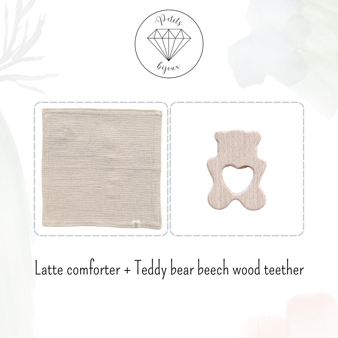 Muslin Comforter with Beech Wood Teether - Latte