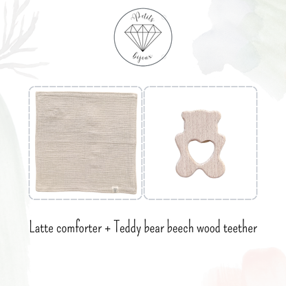 Muslin Comforter with Beech Wood Teether - Latte