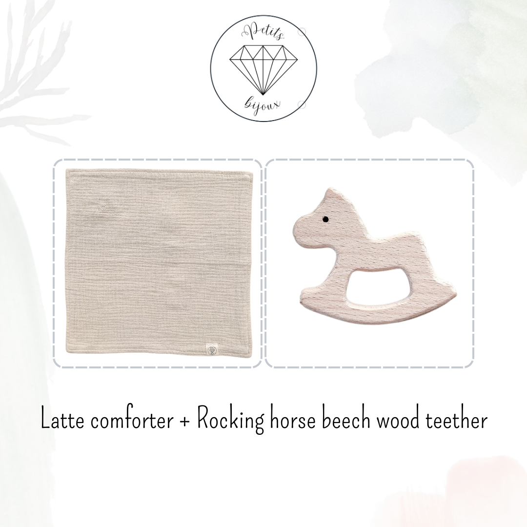 Muslin Comforter with Beech Wood Teether - Latte
