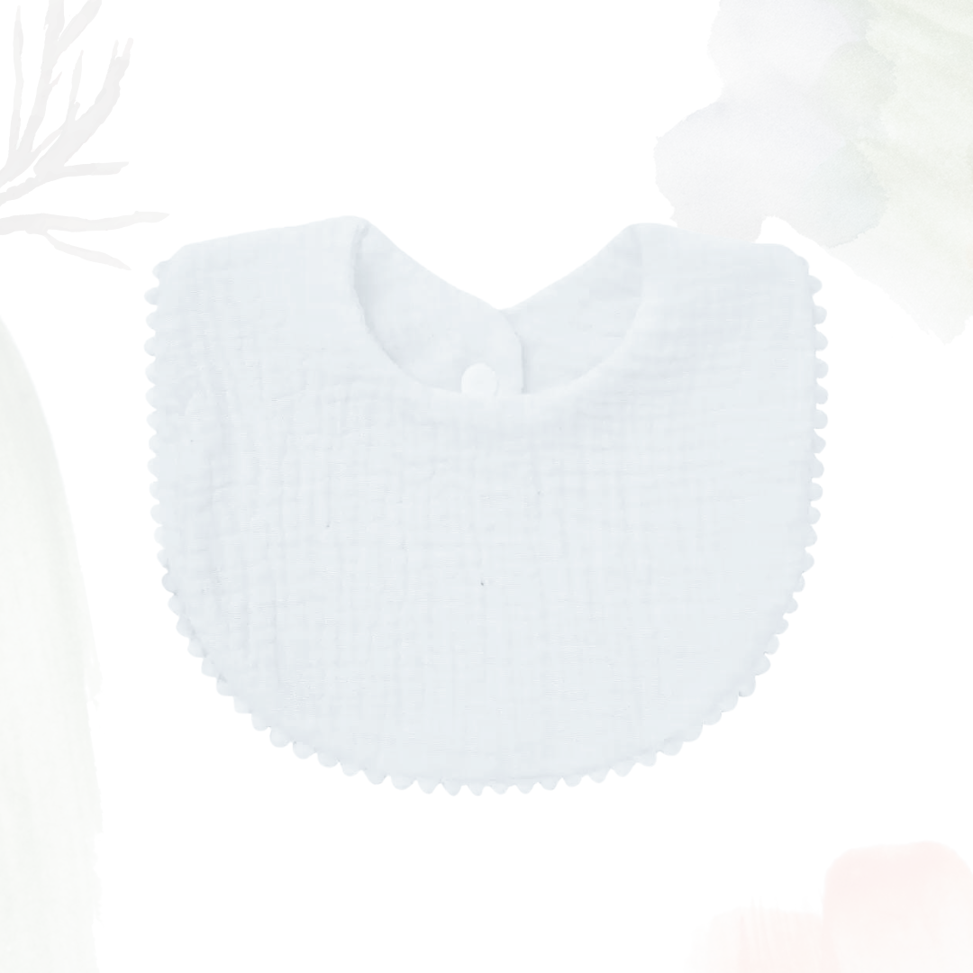Muslin Cotton Bib (Pom Pom Trims) - White
