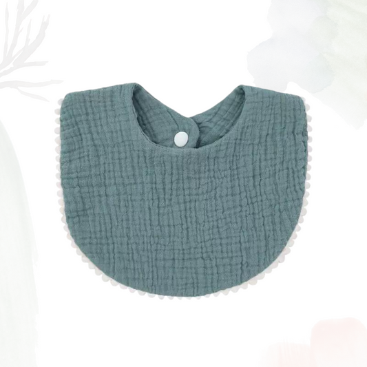 Muslin Cotton Bib (Pom Pom Trims) - Posy Green