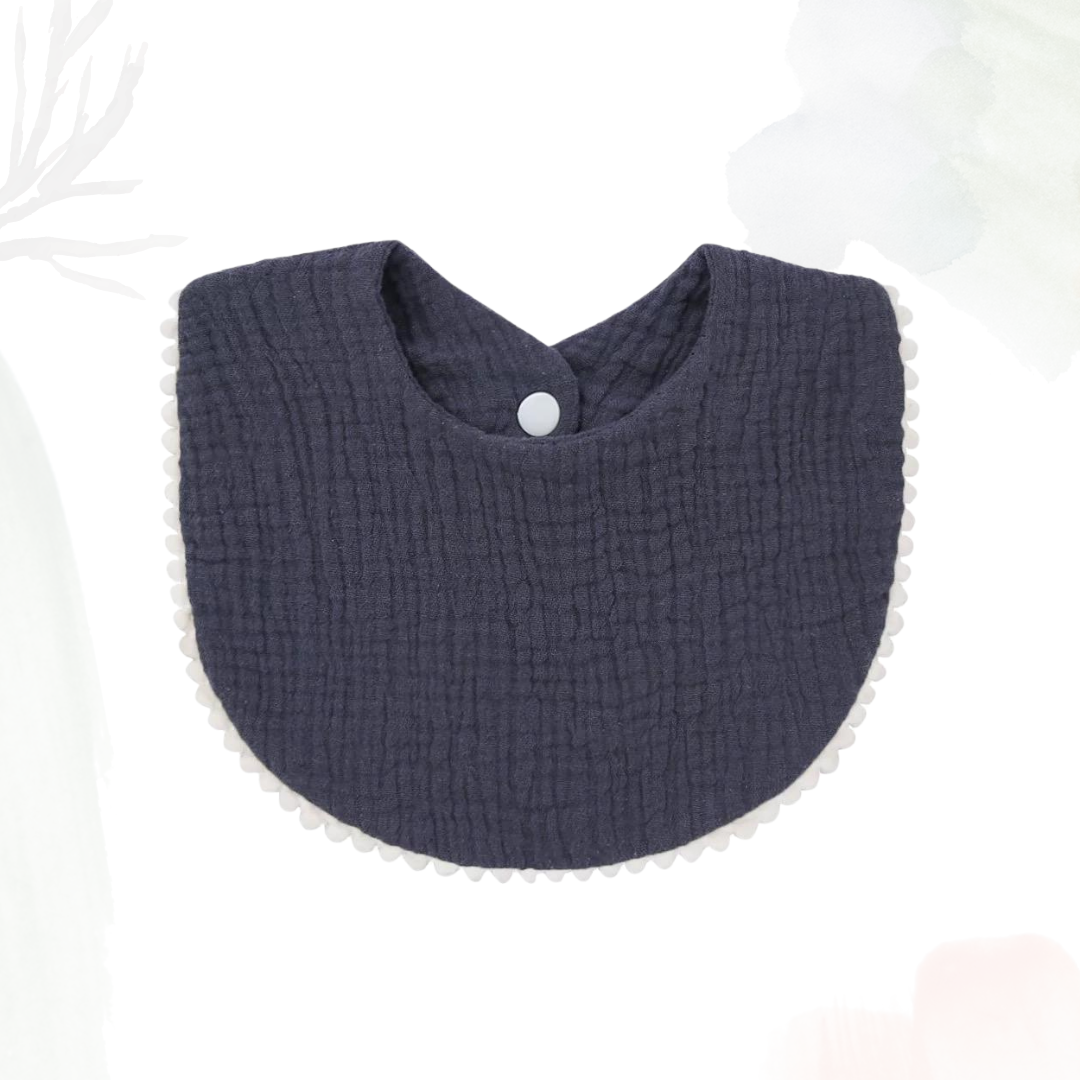 Muslin Cotton Bib (Pom Pom Trims) - Navy Blue