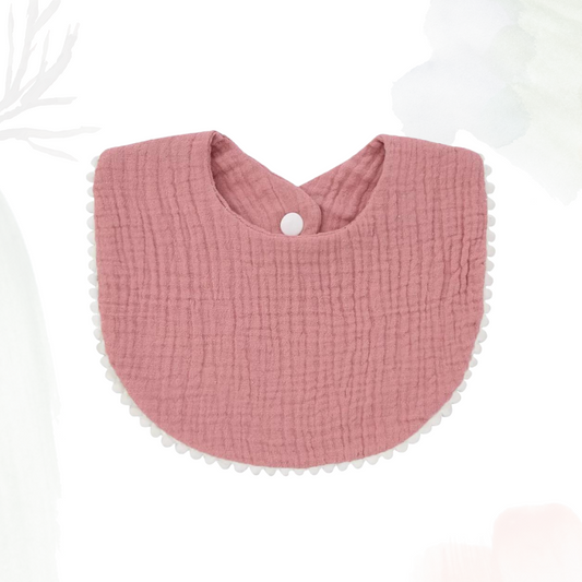 Muslin Cotton Bib (Pom Pom Trims) - Dusty Rose