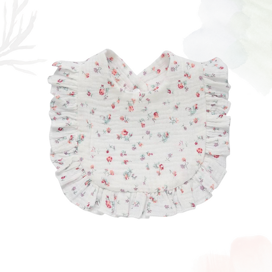 Muslin Cotton Ruffle Bib - Rosy Mornings (White)