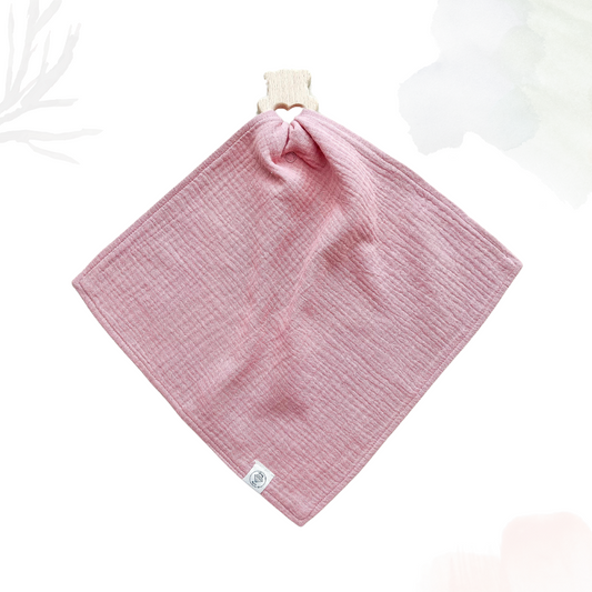 Muslin Comforter with Beech Wood Teether - Dusty Rose